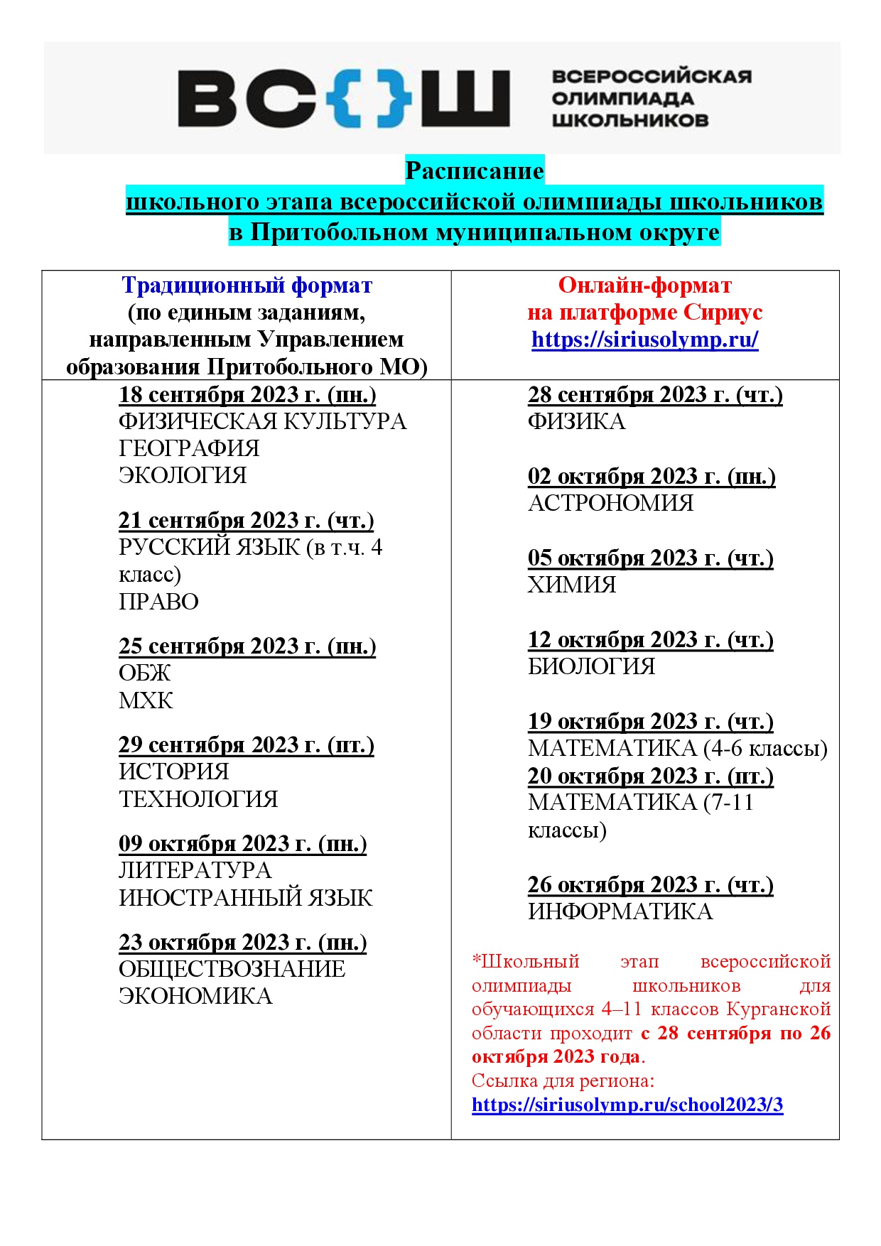 Расписание школьного этапа всероссийской олимпиады школьников.